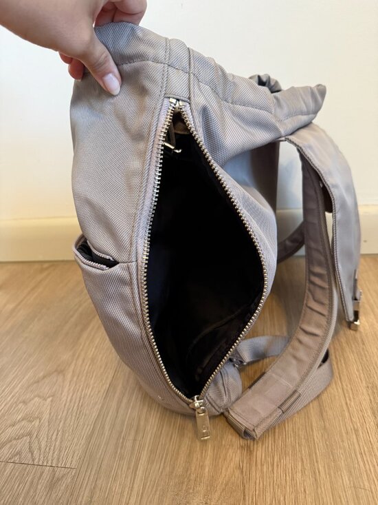 Lululemon Taupe Nylon Flap Drawstring Backpack Dual Zip Pockets EUC